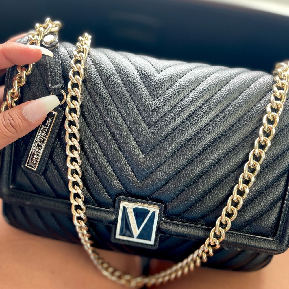 Victoria's Secret Black and Gold Quilted Crossbody Bag